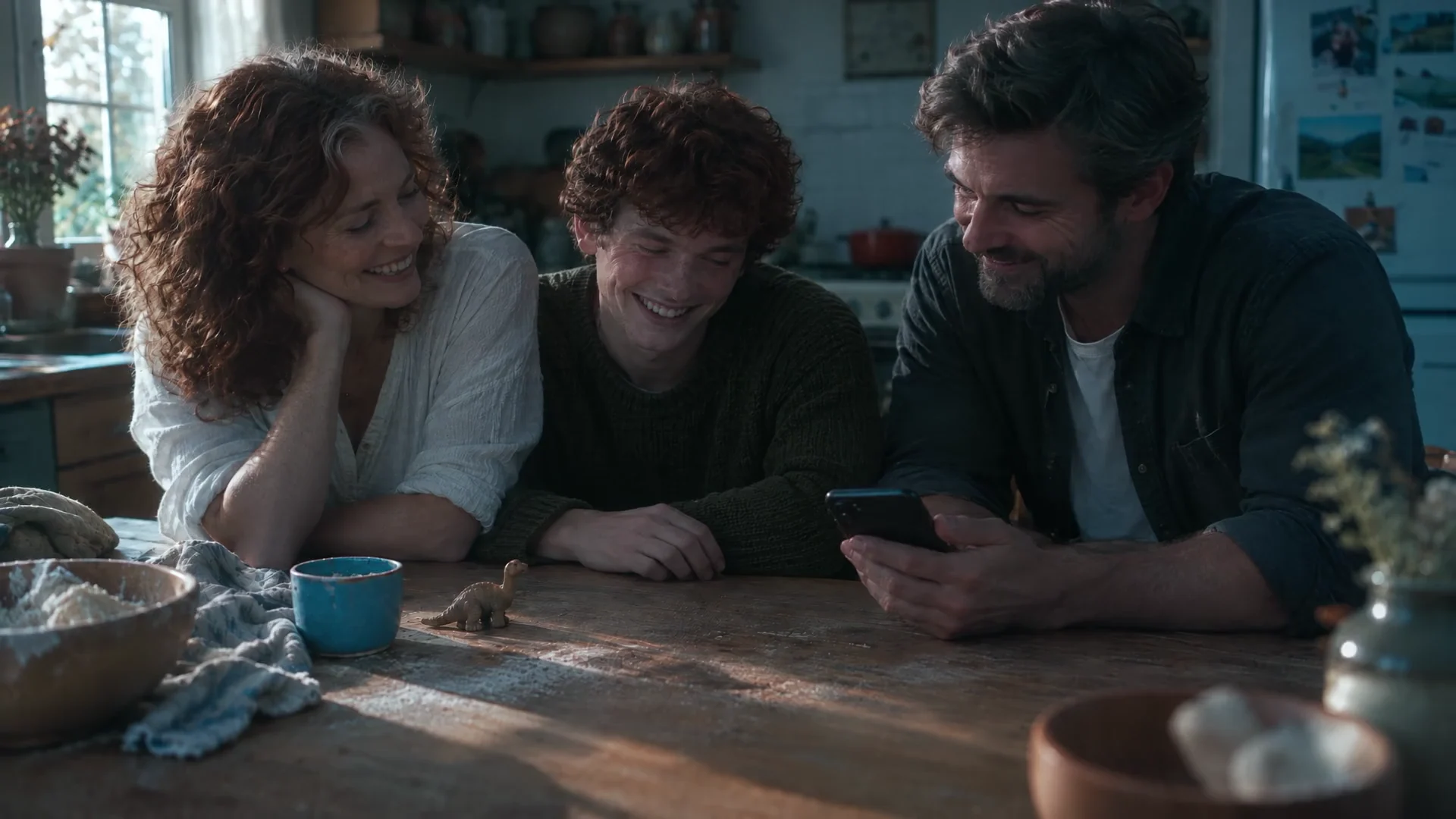 An adult son with his older parents remembering his childhood.