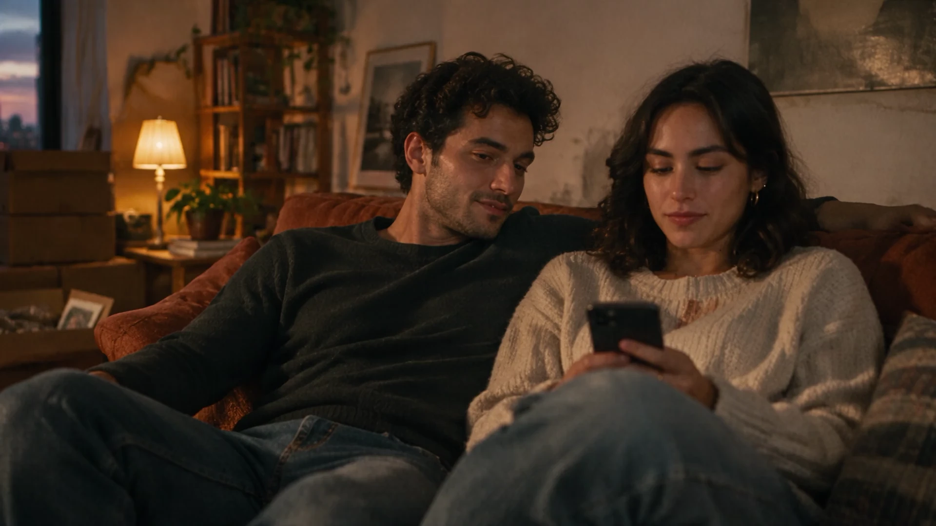 A young couple sharing a quiet evening in their first apartment.
