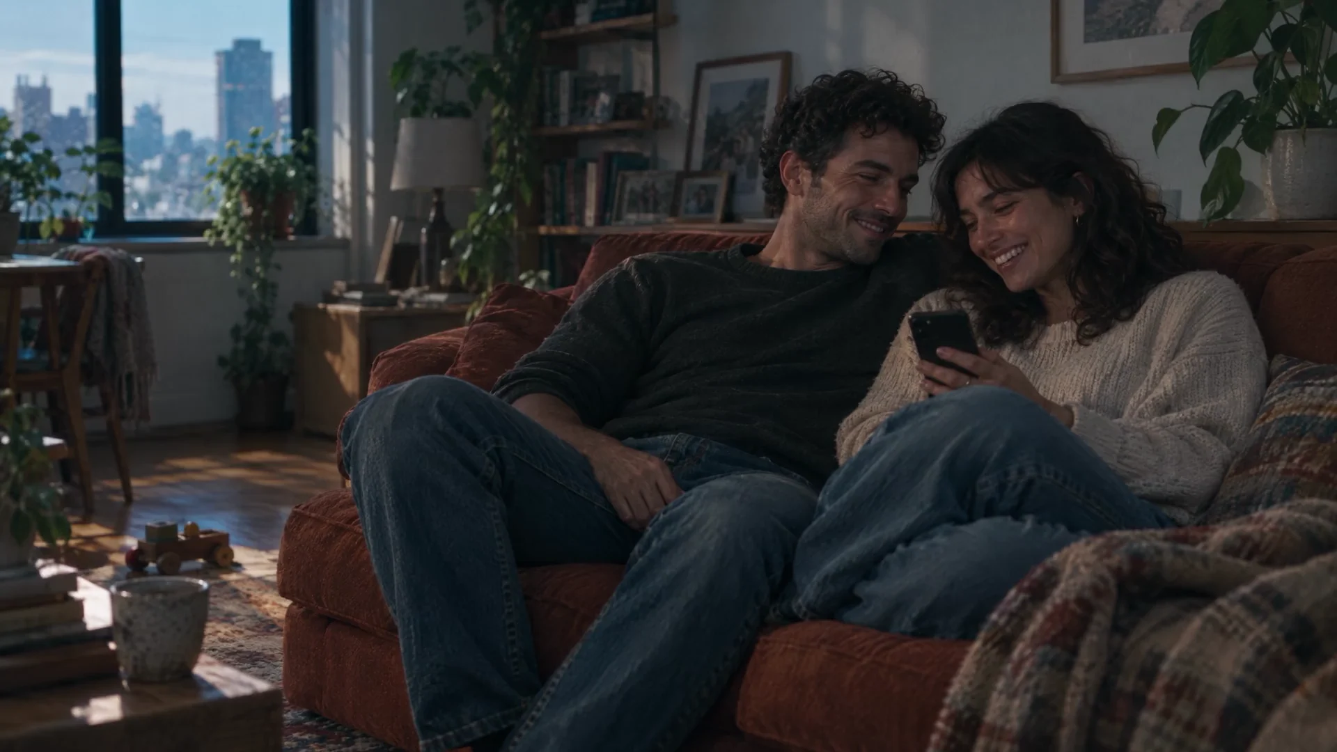 The same couple, older, opening a memory in the home they have built.