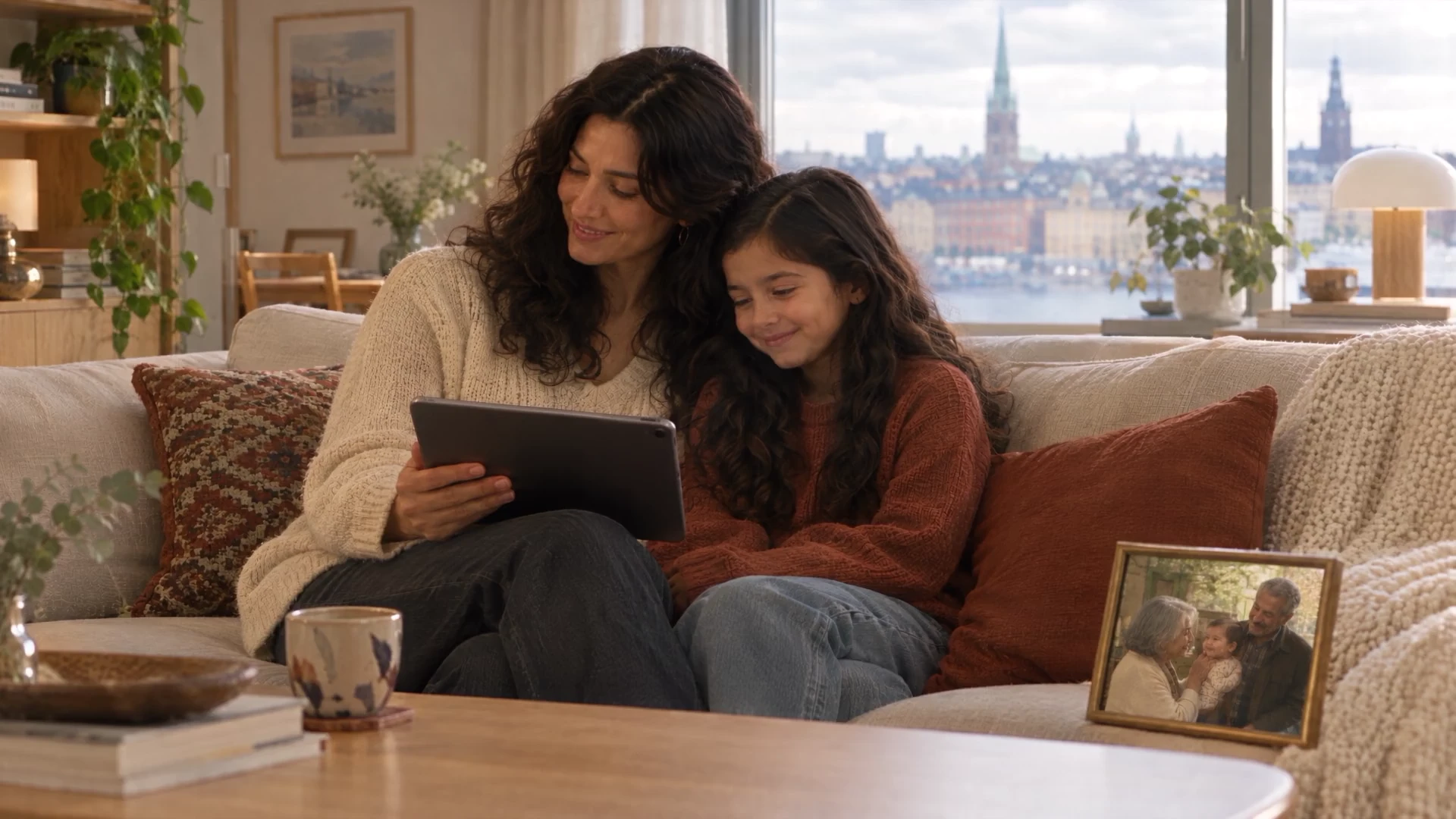 A mother and daughter sharing a message in their home in another country.