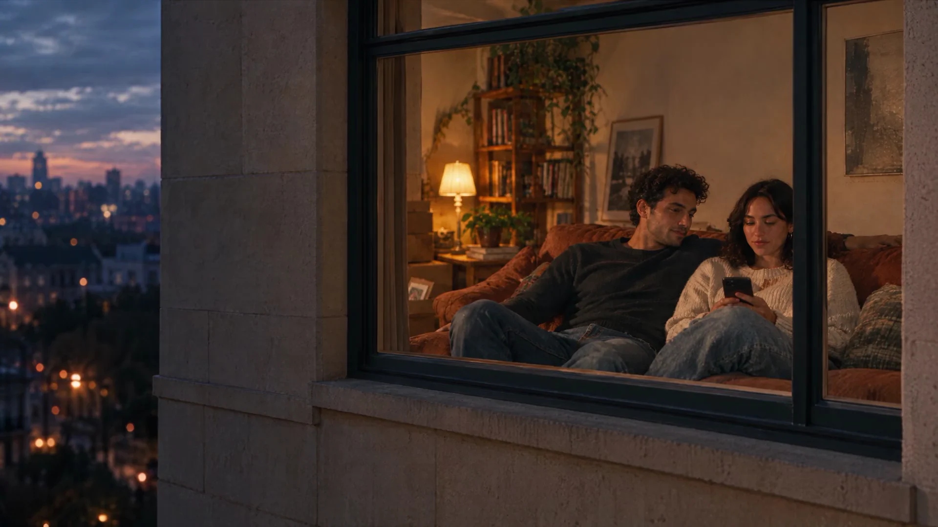 Outside a warm apartment window at dusk, a couple sit together in their first home.